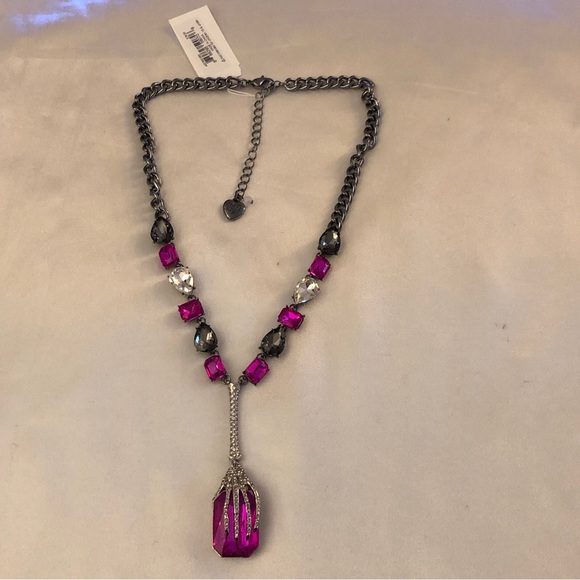 Betsey Johnson Gun Metal Tone Skeleton Hand Y Drop Pendant Necklace Crystal NWT - Picture 5 of 14